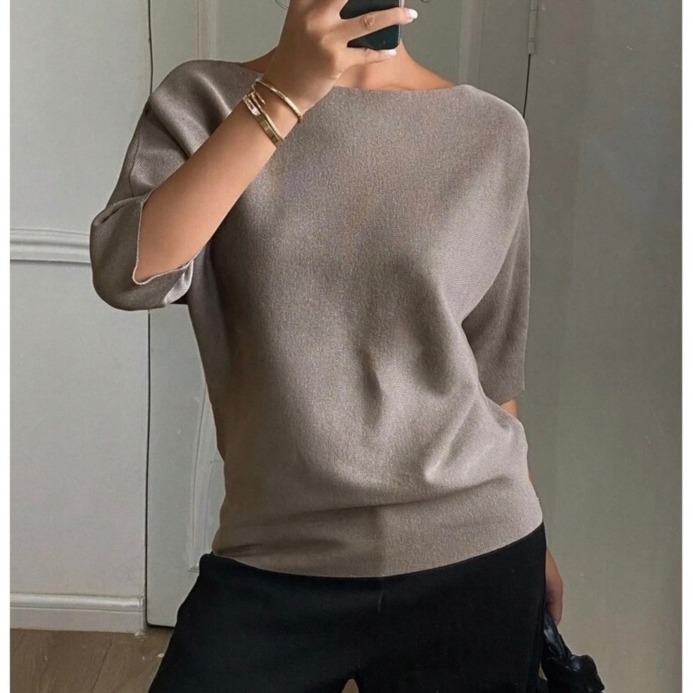 Dazy taupe Boatneck Dolman Half Sleeve Knit Top Neutral Minimalist Sweater